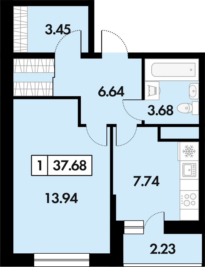 Однокомнатная квартира площадью 37.68м2